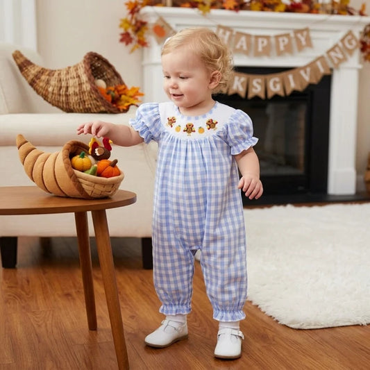 RTS NO MOQ （In stock） milk silk SR4276 Smocked Baby Girls Short Sleeve Turkey Pumpkins Thanksgiving Print Checked Rompers Holiday Rompers
