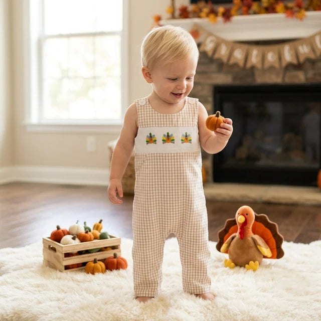 RTS NO MOQ （In stock） milk silk SR4277 Smocked Baby Boys Sleeveless Turkey Thanksgiving Print Checked Pockets Rompers Fall Holiday Rompers