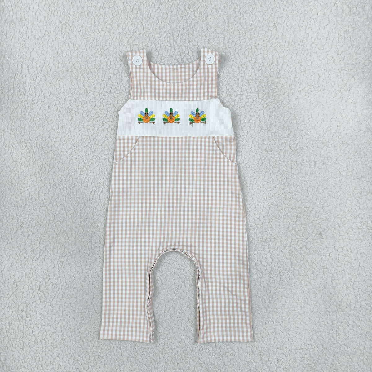 RTS NO MOQ （In stock） milk silk SR4277 Smocked Baby Boys Sleeveless Turkey Thanksgiving Print Checked Pockets Rompers Fall Holiday Rompers