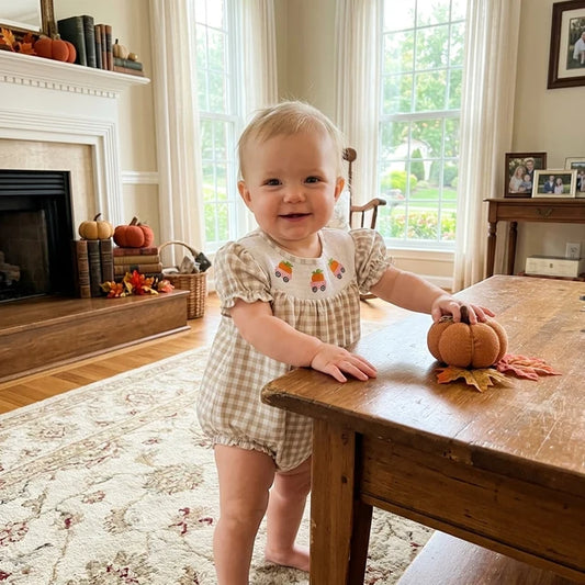 RTS NO MOQ （In stock） milk silk SR4280 Smocked Baby Girls Khaki Checked Pumpkins Trucks Fall Ruffle Rompers