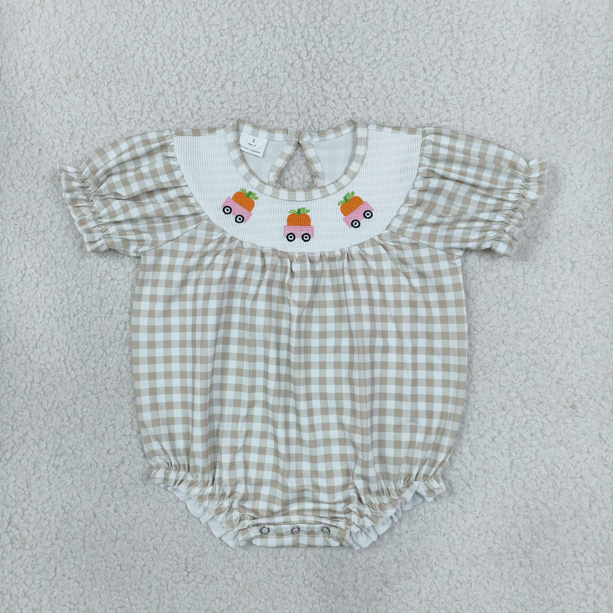RTS NO MOQ （In stock） milk silk SR4280 Smocked Baby Girls Khaki Checked Pumpkins Trucks Fall Ruffle Rompers