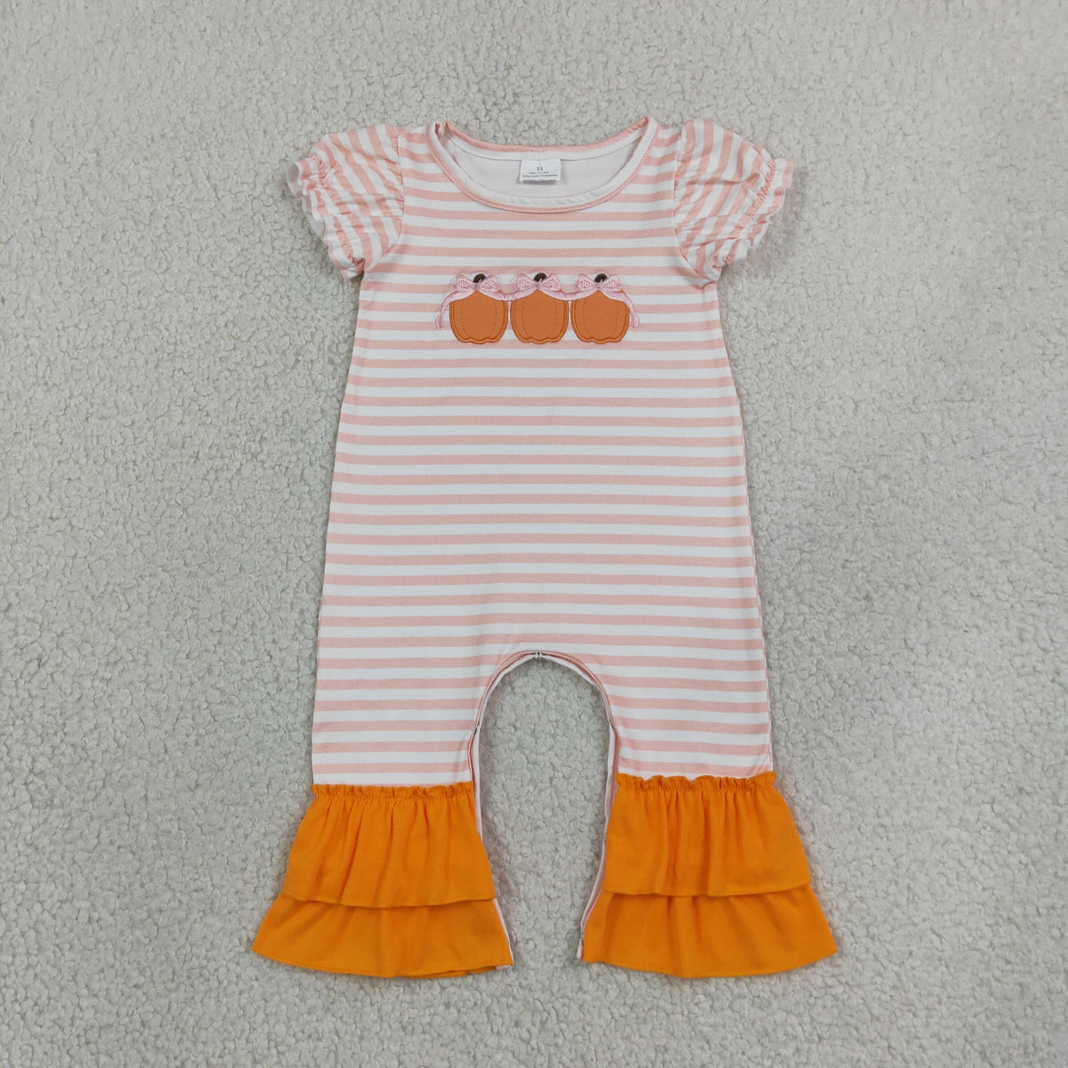 RTS NO MOQ （In stock）milk silk SR4284 Embroidery Bows Pumpkins Baby Girls Orange Stripe Fall Ruffle Pant Rompers