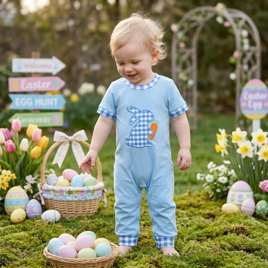 RTS NO MOQ （In stock）milk silk SR4297 Embroidery Rabbit And Carrots Baby Boys Blue Checked Easter Short Sleeve Pant Rompers