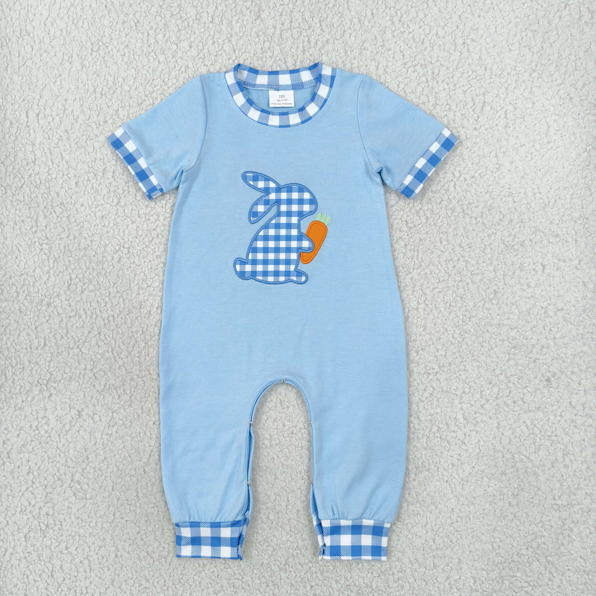 RTS NO MOQ （In stock）milk silk SR4297 Embroidery Rabbit And Carrots Baby Boys Blue Checked Easter Short Sleeve Pant Rompers