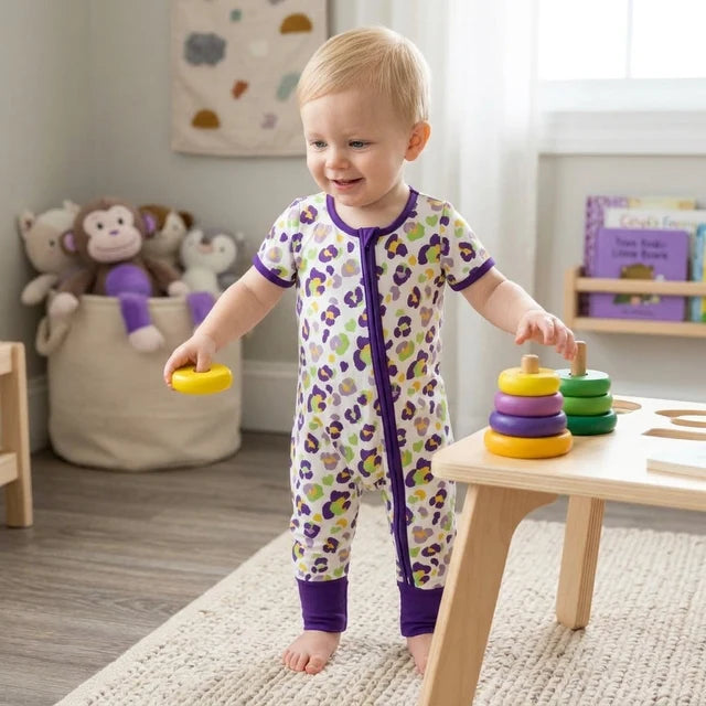 RTS NO MOQ （In stock）milk silk SR4312 Baby Girls Cute Leopard Printed Short Sleeve Two Way Zip Convertible Rompers