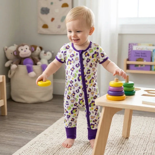 RTS NO MOQ （In stock）milk silk SR4312 Baby Girls Cute Leopard Printed Short Sleeve Two Way Zip Convertible Rompers