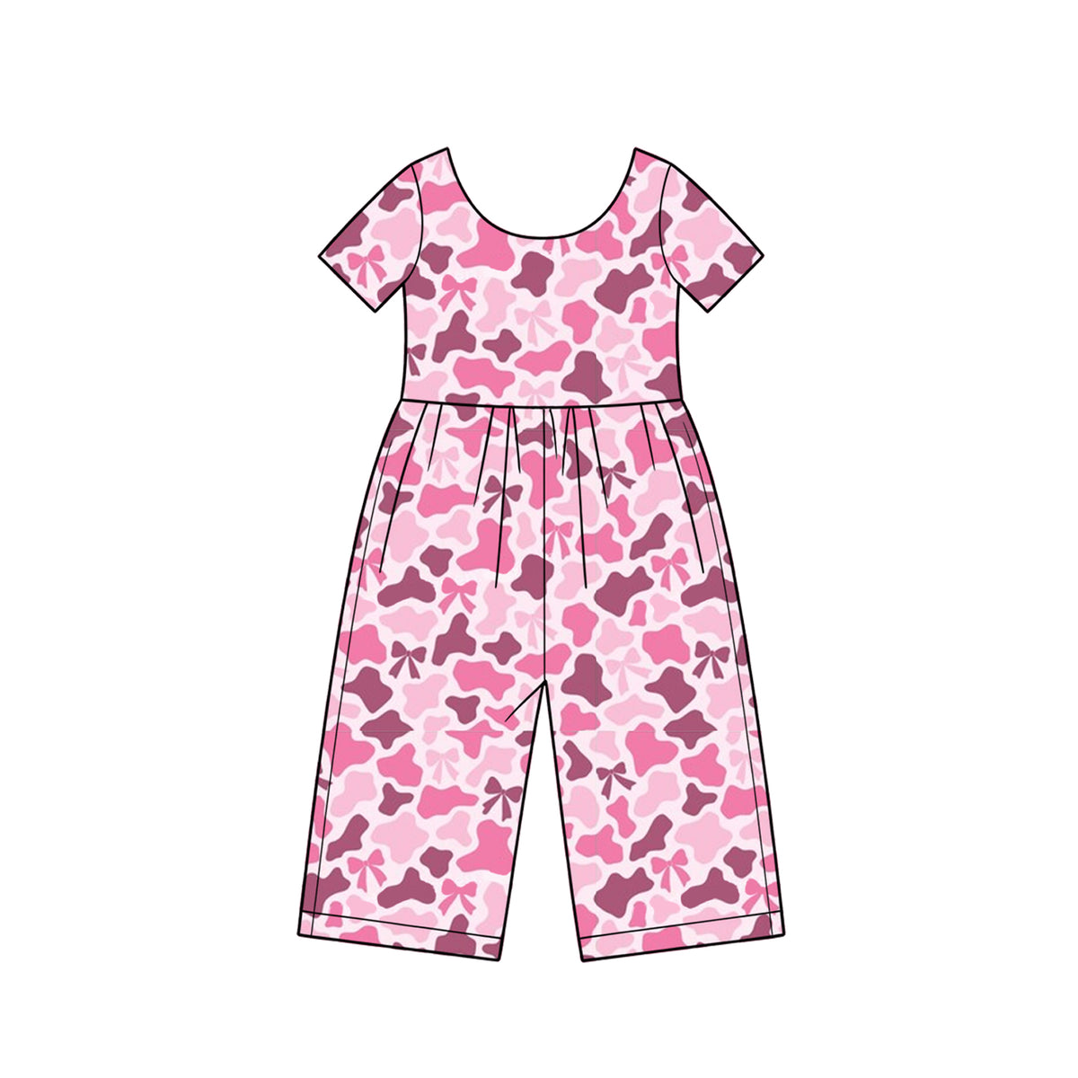 (Preorder new) No moq Baby Girls Camo Print Jumpsuit Cute Bow Print Short Sleeve Wide Leg Kids Outfit