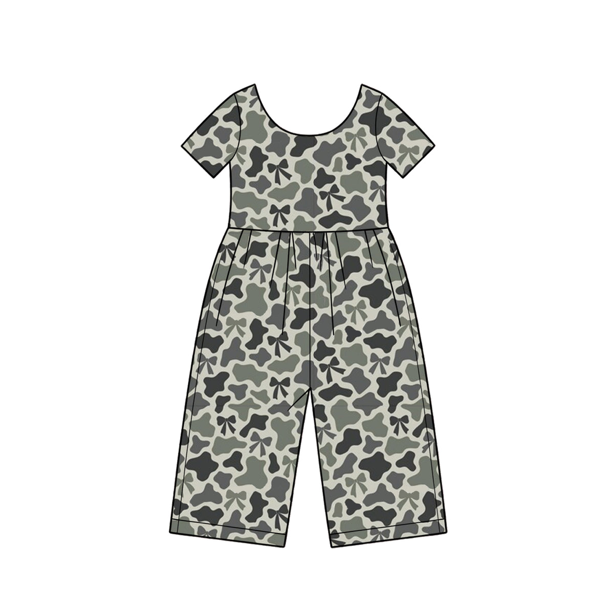 (Preorder new) No moq Baby Girls Camo Print Jumpsuit Cute Bow Print Short Sleeve Wide Leg Kids Outfit