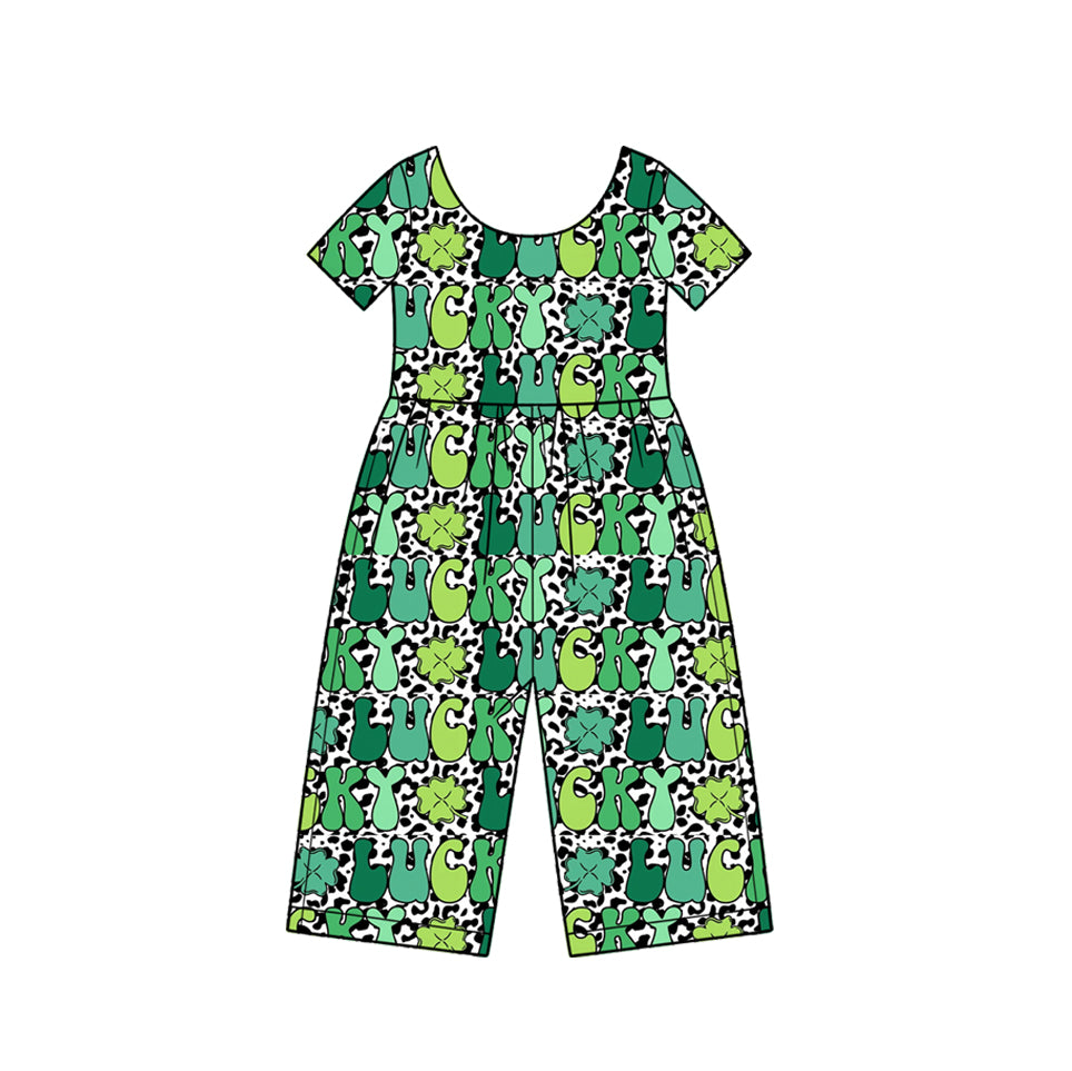 (Preorder new) No moq Baby Girls Green Leopard Print Short Sleeve Jumpsuit