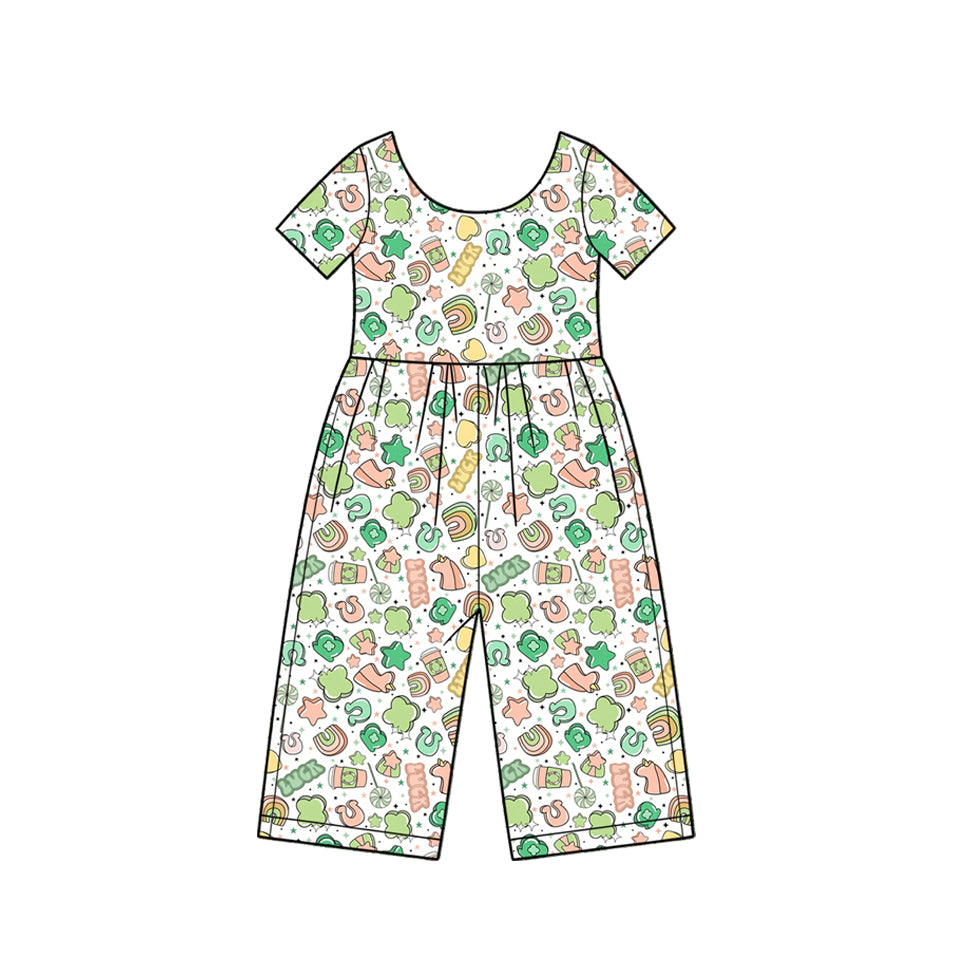 (Preorder new) No moq Baby Girls Green Leopard Print Short Sleeve Jumpsuit