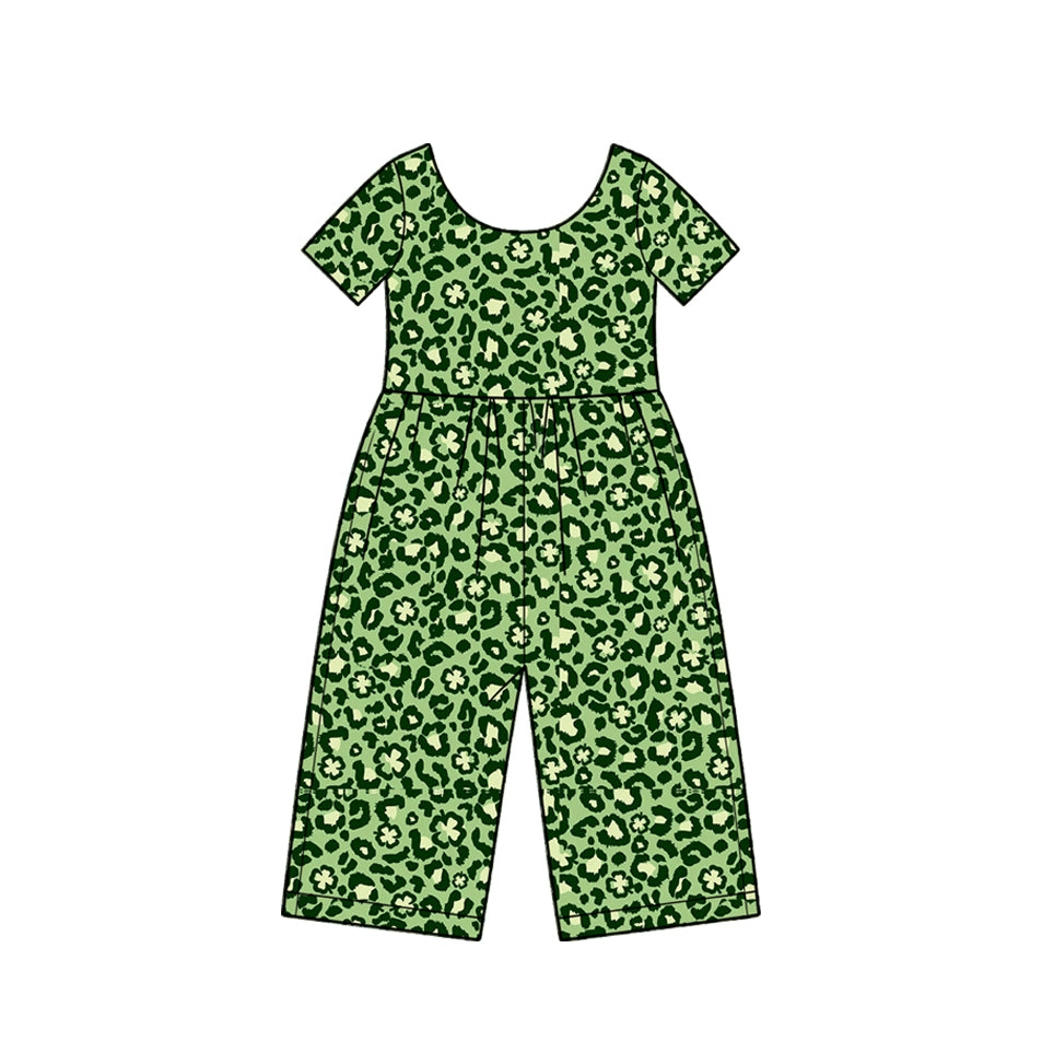 (Preorder new) No moq Baby Girls Green Leopard Print Short Sleeve Jumpsuit