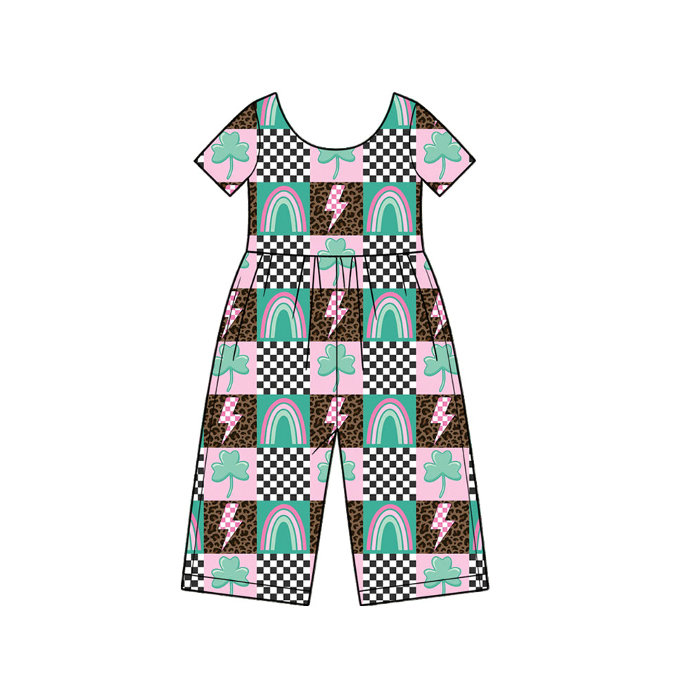 (Preorder new) No moq Baby Girls Green Leopard Print Short Sleeve Jumpsuit