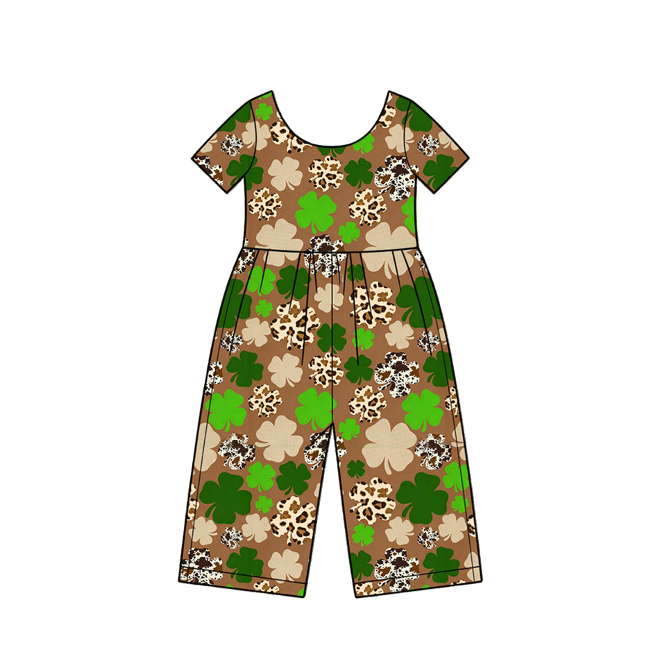(Preorder new) No moq Baby Girls Green Leopard Print Short Sleeve Jumpsuit