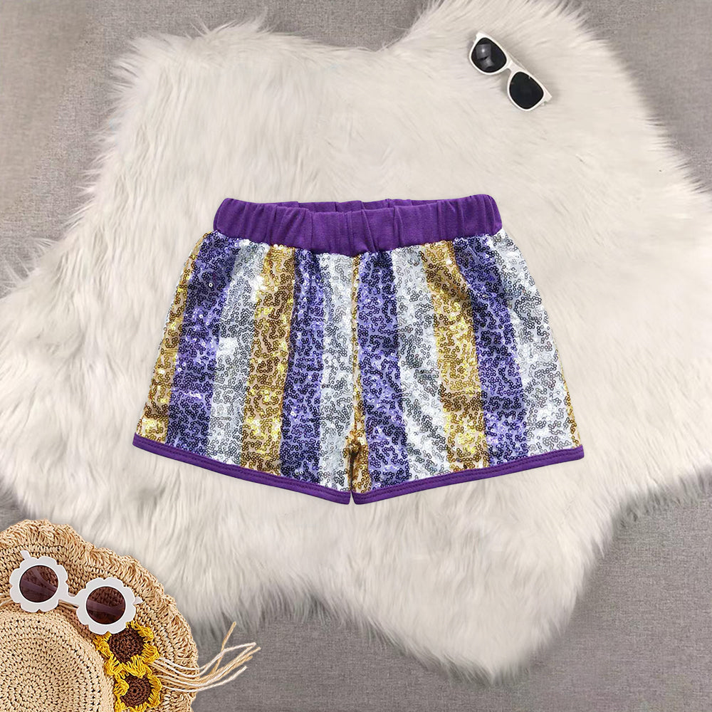 8.19 RTS Sibling Baby girls Summer Shorts Purple gold green stripe sequin girls Mardi gras shorts