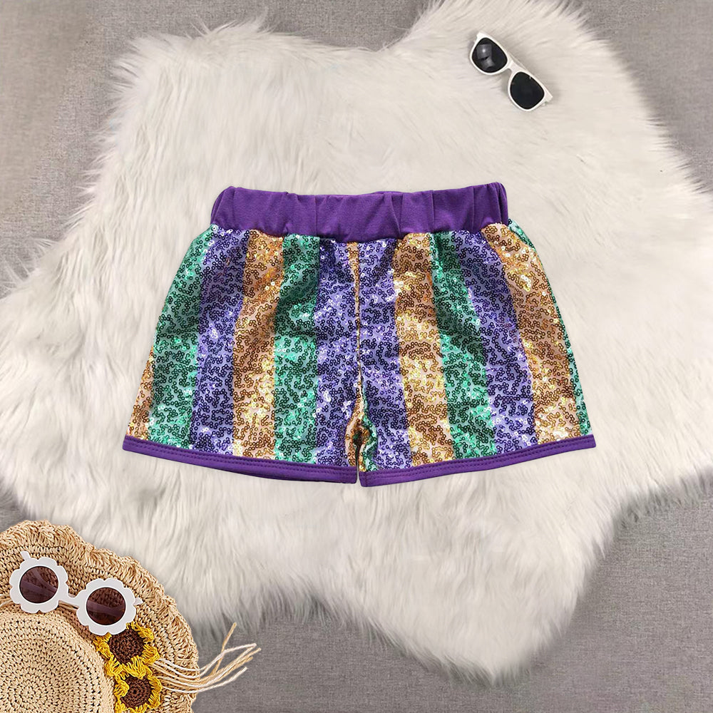 8.19 RTS Sibling Baby girls Summer Shorts Purple gold green stripe sequin girls Mardi gras shorts