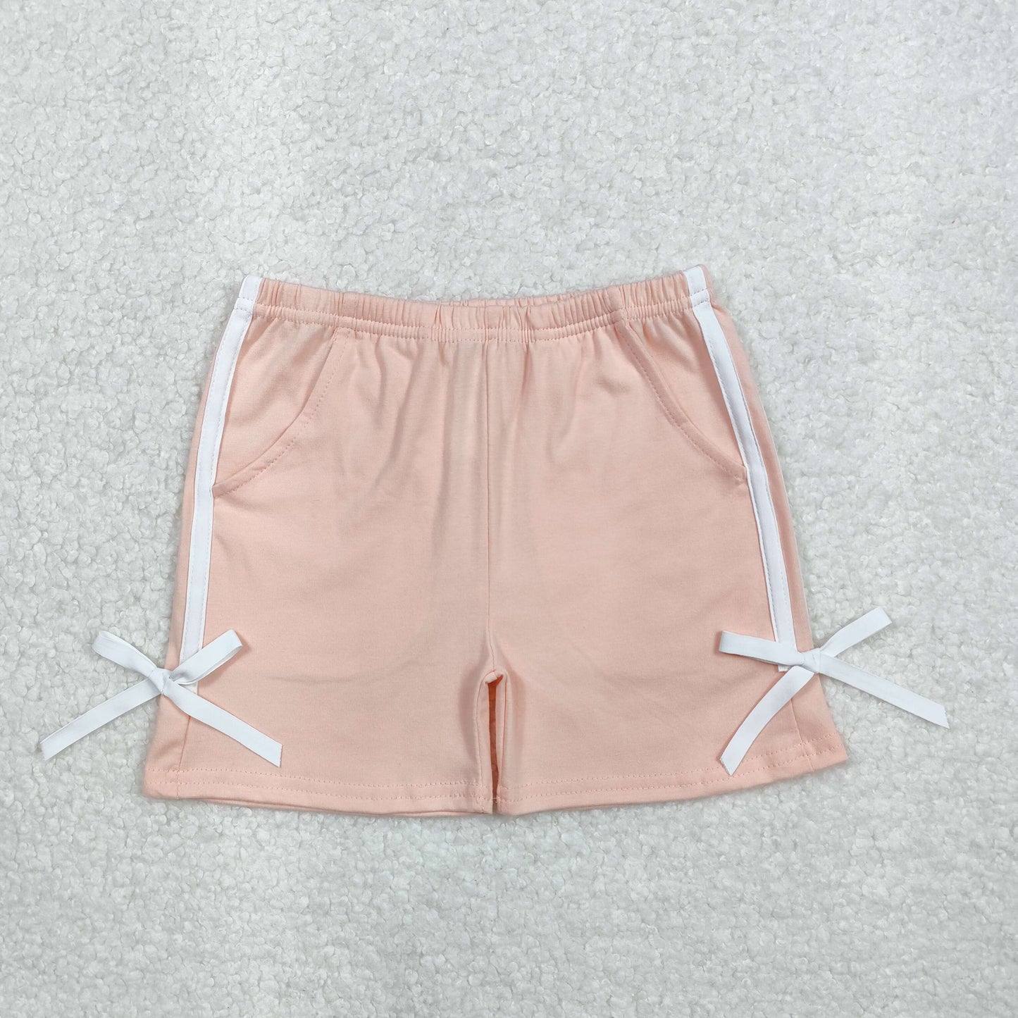 SS0425Baby Girls Pink White Bow Pocket Summer Shorts Cute Feminine Kids Clothing Essential Wardrobe Item for Little Girls