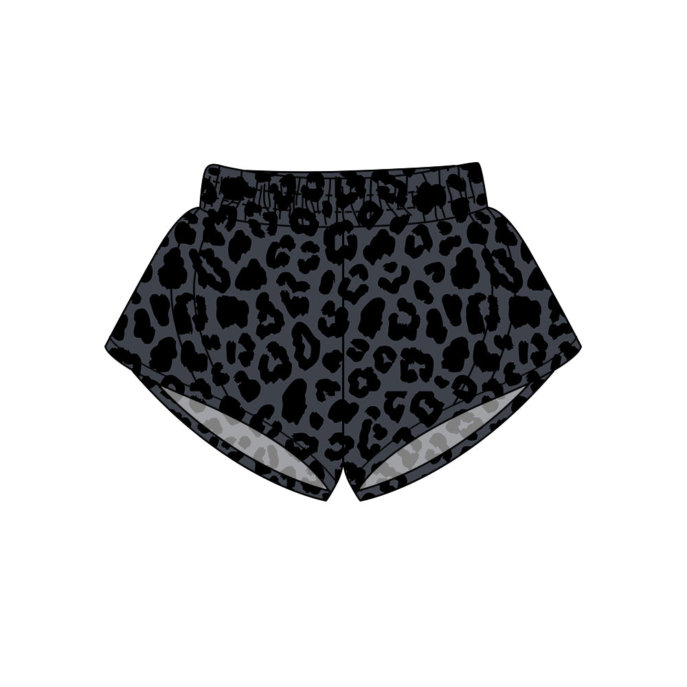 SS0483Adult Women's Dark Black Leopard Print Summer Shorts Casual High Waist Wide Leg Pants for plus Size