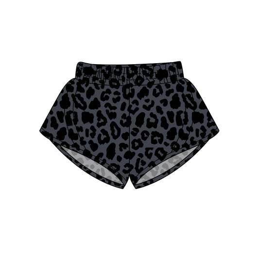 SS0483Adult Women's Dark Black Leopard Print Summer Shorts Casual High Waist Wide Leg Pants for plus Size