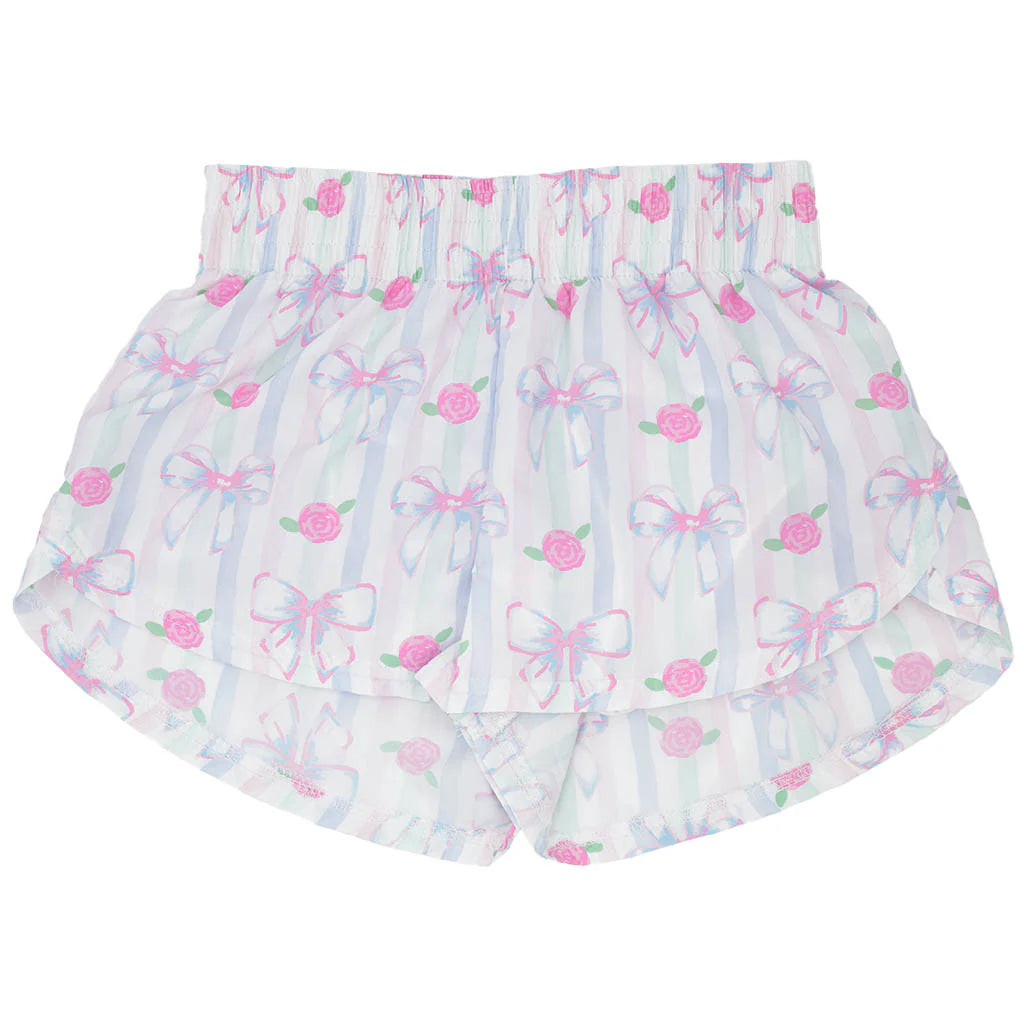 SS0485Pink floral bow stripe kids girls summer shorts