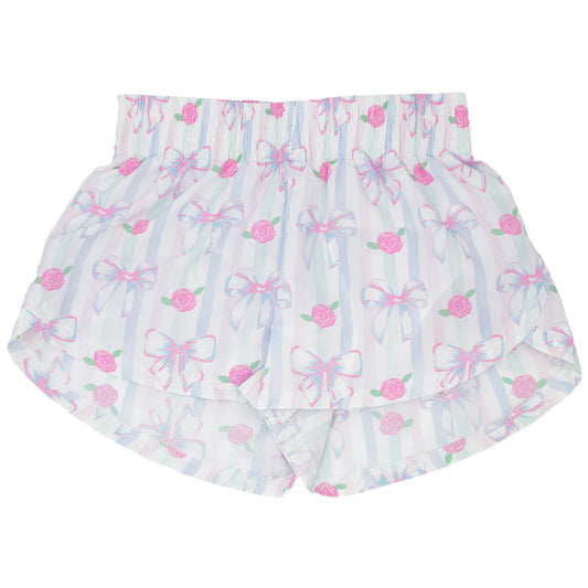 SS0485Pink floral bow stripe kids girls summer shorts