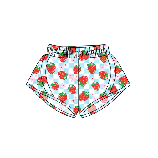 SS0499  Pre order  Baby Girls Blue Plaid Strawberry Flowers Yoga Shorts Bottoms