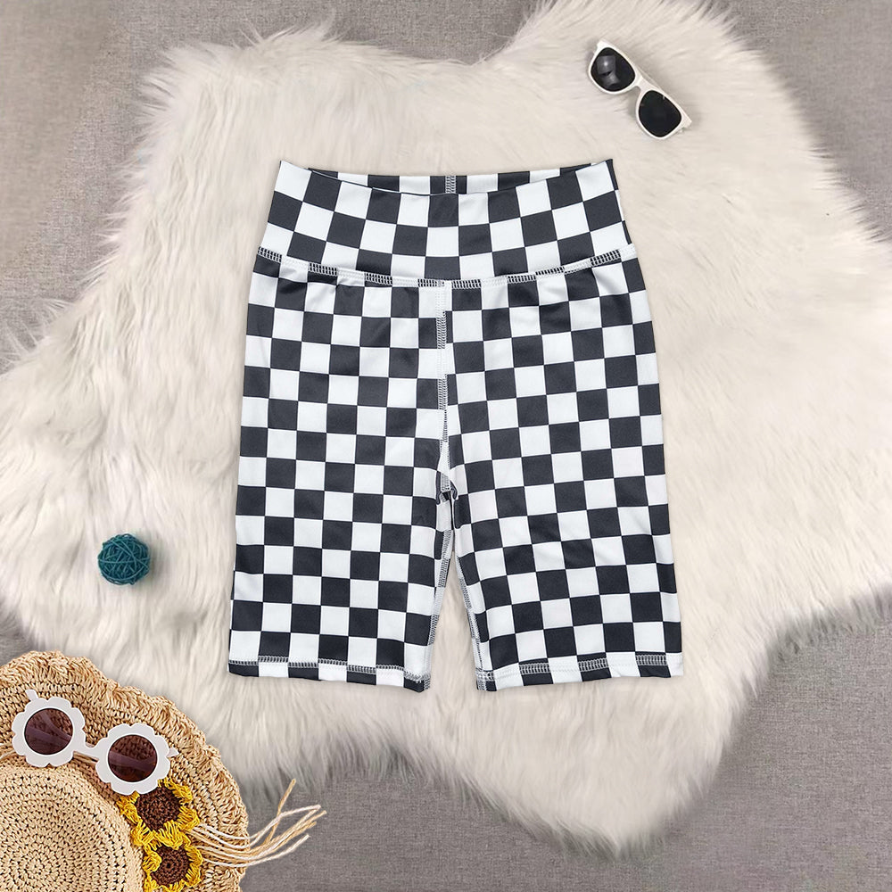 8.14  RTS Sibling Baby Girls Summer Yoga Shorts High waist black plaid kids girls summer shorts