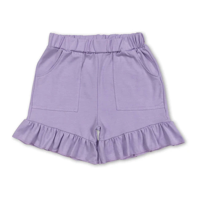 6.1 RTS NO MOQ （In stock）GT0461+SS0561 Lavender flutter sleeves cotton baby girls shirt with ruffle pockets summer cotton shorts