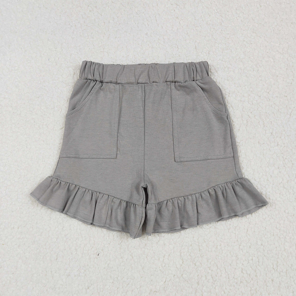 7.06 SS0563 RTS NO MOQ Baby Girls Summer Shorts Baby Girls Gray Pockets Summer Cotton Ruffle Short Bottoms