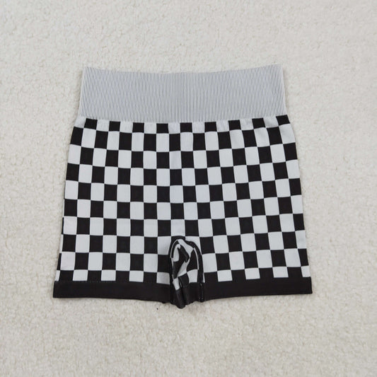 RTS NO MOQ （In stock）SS0644 Adult Women's Summer Yoga Shorts Black Checkered Knitted Yoga Pants High Waist Trousers Slim Fit Bottoms