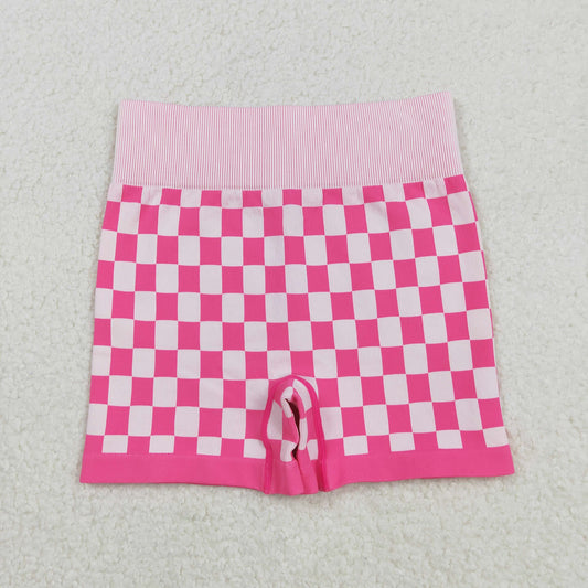 RTS NO MOQ （In stock）SS0645 Adult Women's Summer Yoga Shorts Pink Plaid Sleeveless Activewear Shorts Adult Comfortable Breathable Fitness Clothing