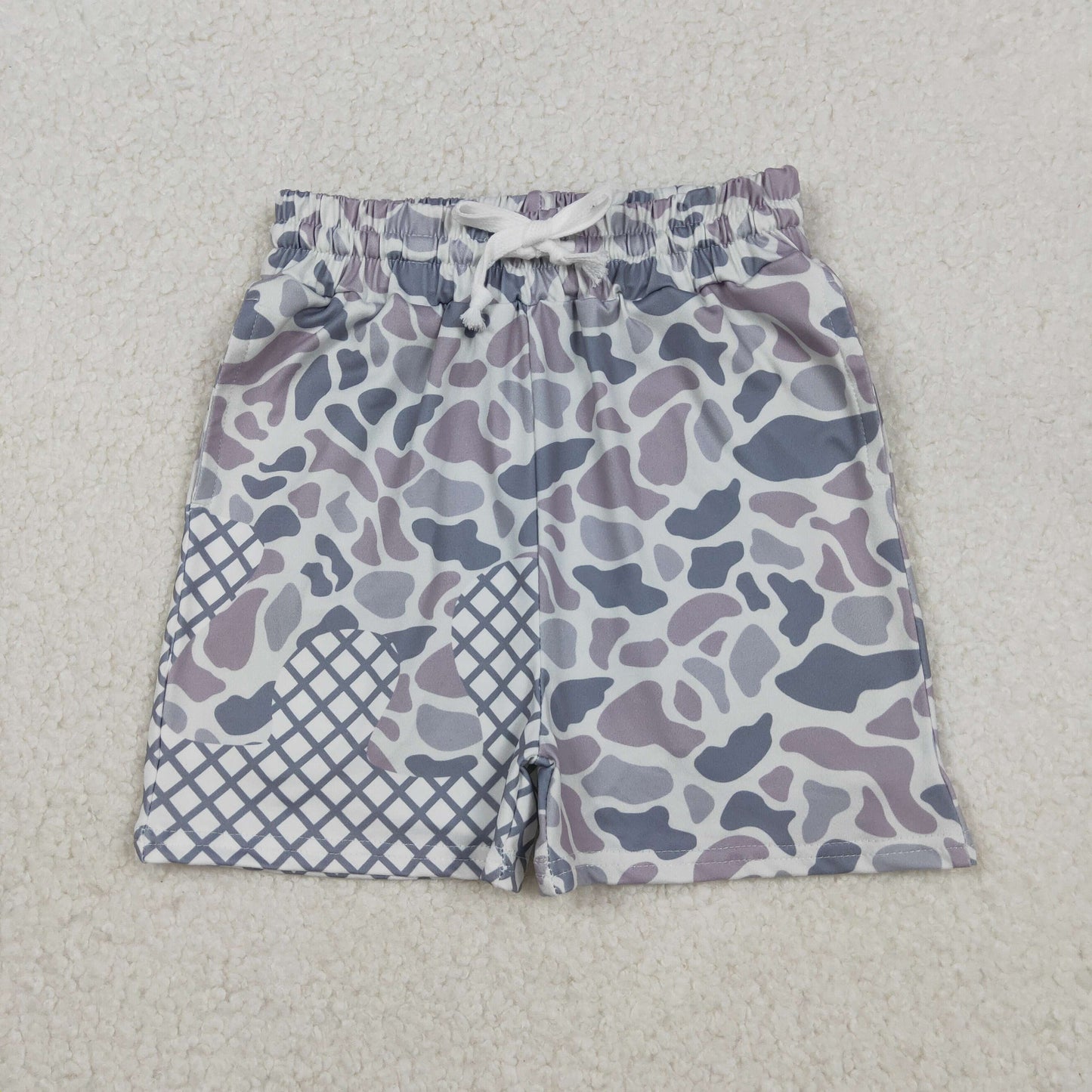 10.29 RTS NO MOQ （In stock）SS0651 Baby Boys Summer Shorts Baby Boys Grey Camo Drip Team Shorts Bottom