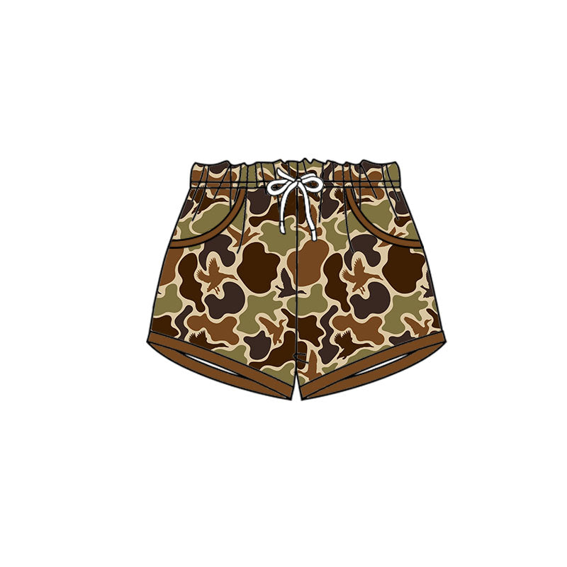 10.1 SS0673 Pre order No Moq Yoga fabric Baby Boys Olive Brown Ducks Camo Hunting Pockets Shorts Bottom