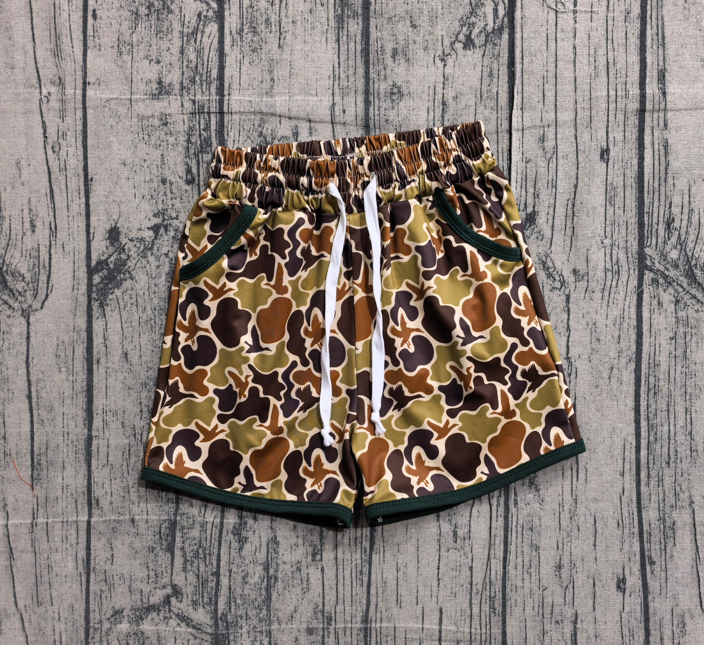 1.31 SS0673 Sample No Moq Baby Boys Olive Brown Ducks Camo Hunting Pockets Shorts Bottom