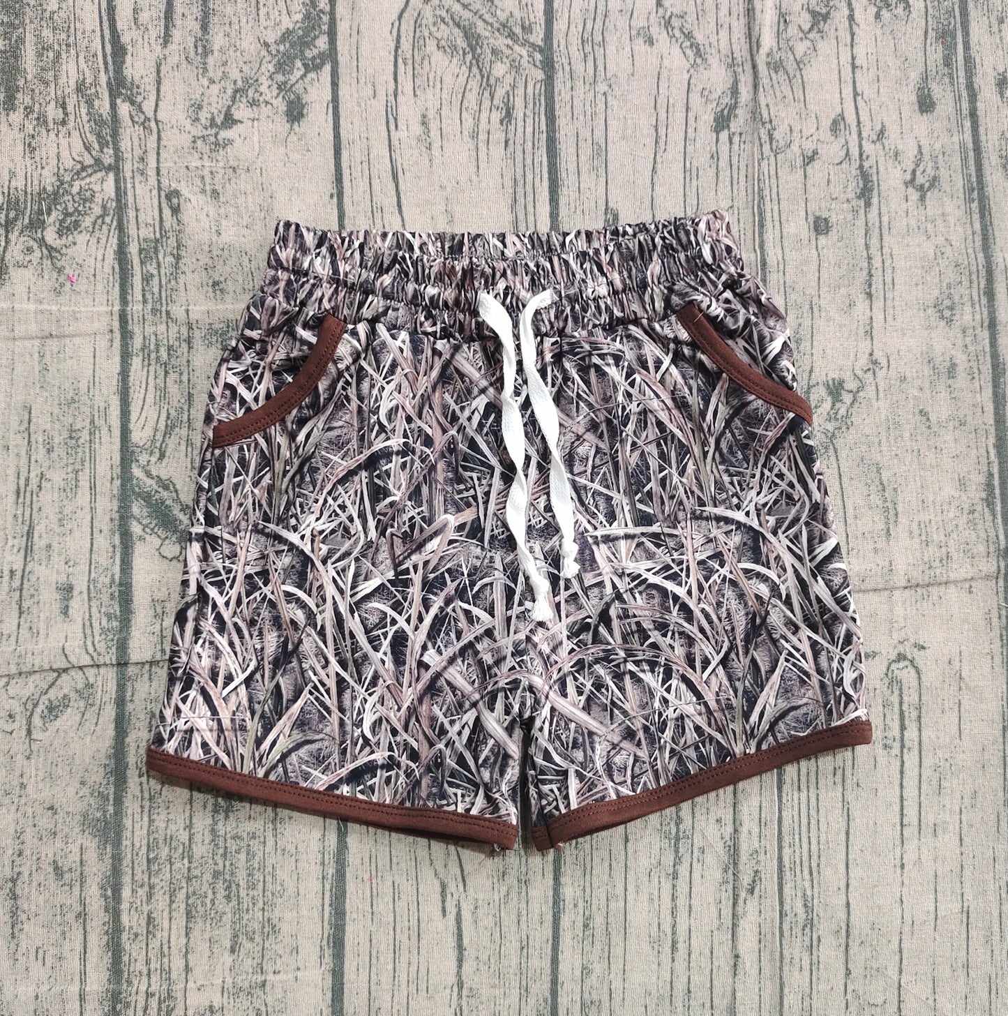 10.27 SS0674 Sample No Moq Baby Boys Grey Leaves Camo Hunting Pockets Shorts Bottom