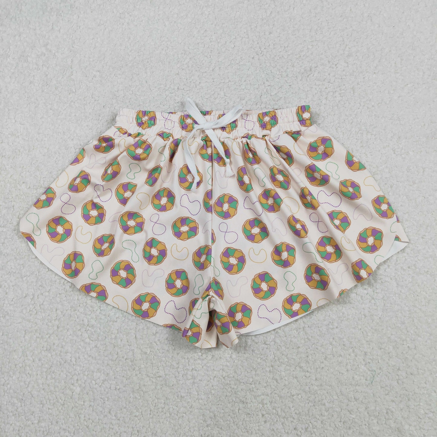 12.2 RTS NO MOQ （In stock）SS0683 Adult Women Mardigras Donuts Necklaces Yoga Active Ruffle Shorts Bottoms