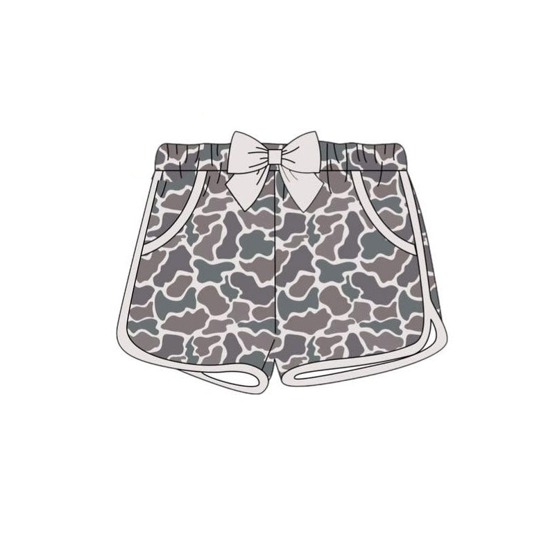 10.21 SS0688 Pre order No Moq Baby Girls Dark Grey Camo Bow Pockets Shorts Bottoms