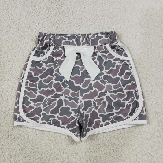 SS0688 Sample No Moq Baby Girls Grey Camo Bow Pocket Shorts Casual Bottoms