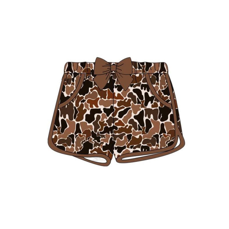10.21 SS0689 Pre order No Moq Baby Girls Brown Camo Pockets Bow Shorts Bottoms
