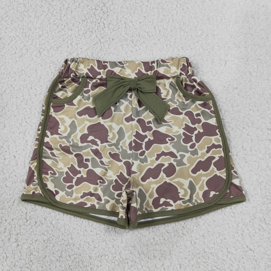 SS0690 Sample No Moq  Baby Girls Camo Print Bow Pocket Shorts Casual Bottoms