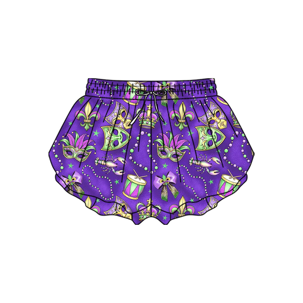 10.23 (Pre Order) No moq SS0701 PRE-ORDER Baby Girls Mardigras Masks Crayfishes Yoga Ruffle Shorts Bottom
