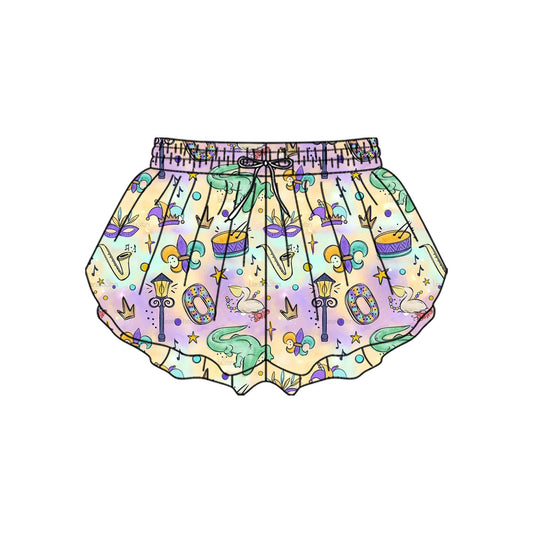 10.23 (Pre Order) No moq SS0702 PRE-ORDER Baby Girls Mardigras Masks Crocodiles Yoga Ruffle Shorts Bottom
