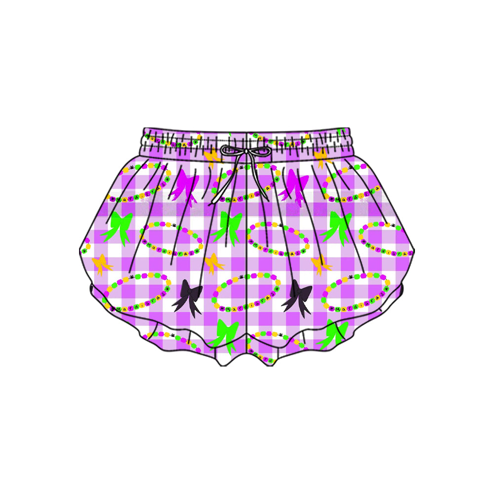 10.23 (Pre Order) No moq SS0704 PRE-ORDER Baby Girls Mardigras Checked Bows Necklaces Yoga Ruffle Shorts Bottom
