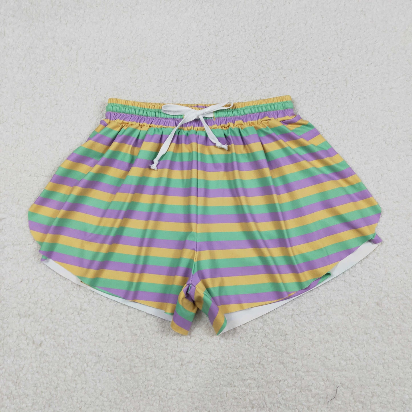 12.16 RTS NO MOQ （In stock）SS0706 Adult Women Mardigras Stripes Yoga Active Ruffle Shorts Bottom