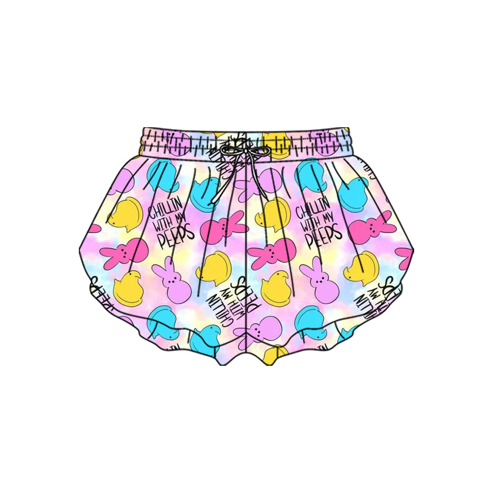 10.23 (Pre Order) No moq SS0710 PRE-ORDER Baby Girls Colorful Rabbits Chicks Easter Yoga Ruffle Shorts Bottom