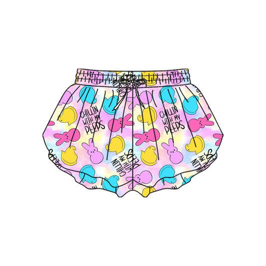 10.23 (Pre Order) No moq SS0710 PRE-ORDER Baby Girls Colorful Rabbits Chicks Easter Yoga Ruffle Shorts Bottom