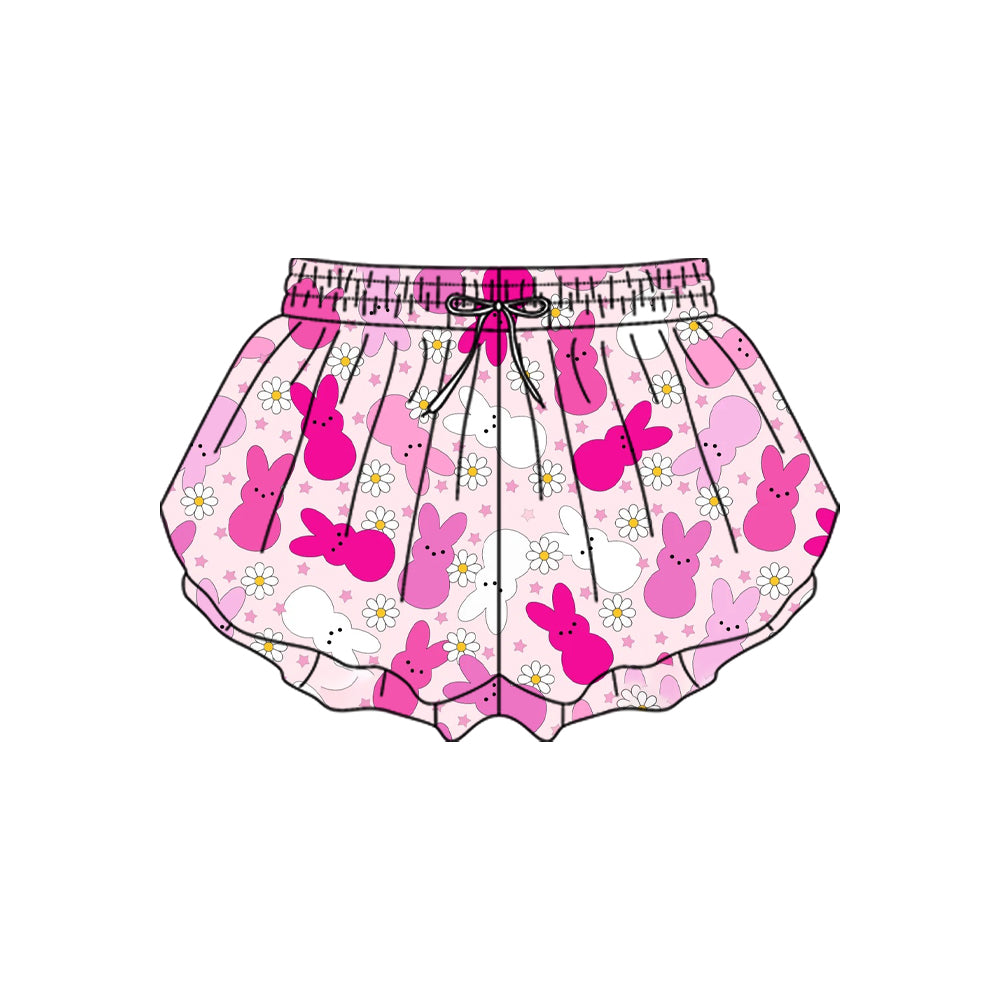 10.23 (Pre Order) No moq SS0714 PRE-ORDER Baby Girls Pink Rabbits Flowers Easter Yoga Ruffle Shorts Bottom