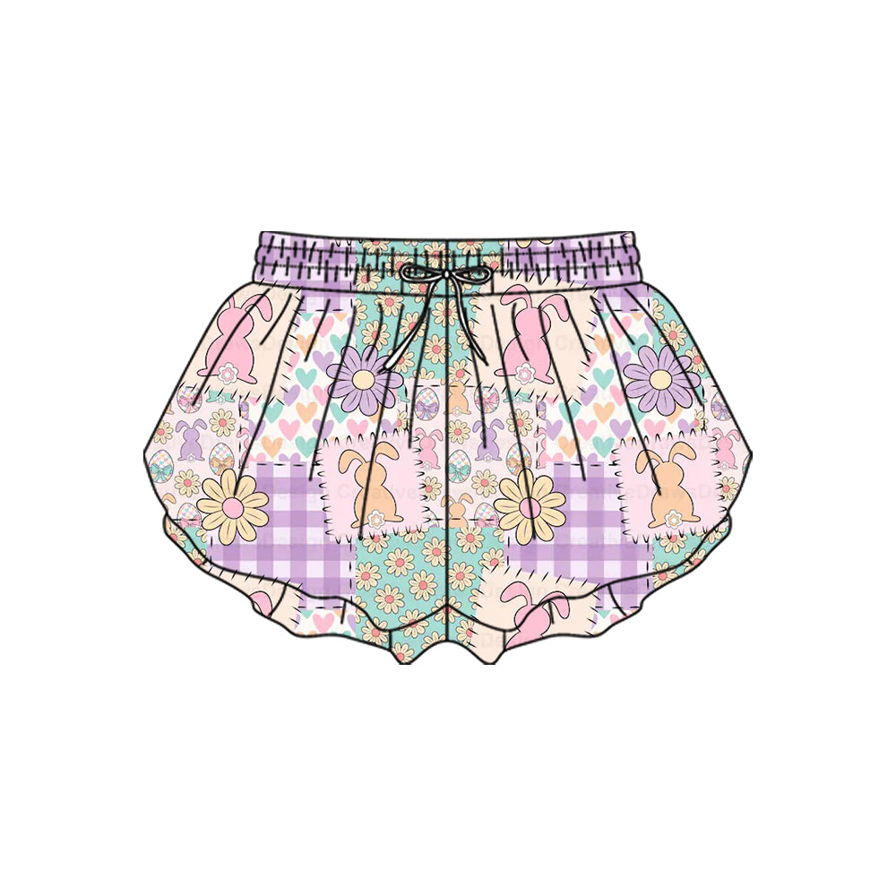 10.23 (Pre Order) No moq SS0719 PRE-ORDER Baby Girls Flowers Rabbits Easter Yoga Ruffle Shorts Bottom