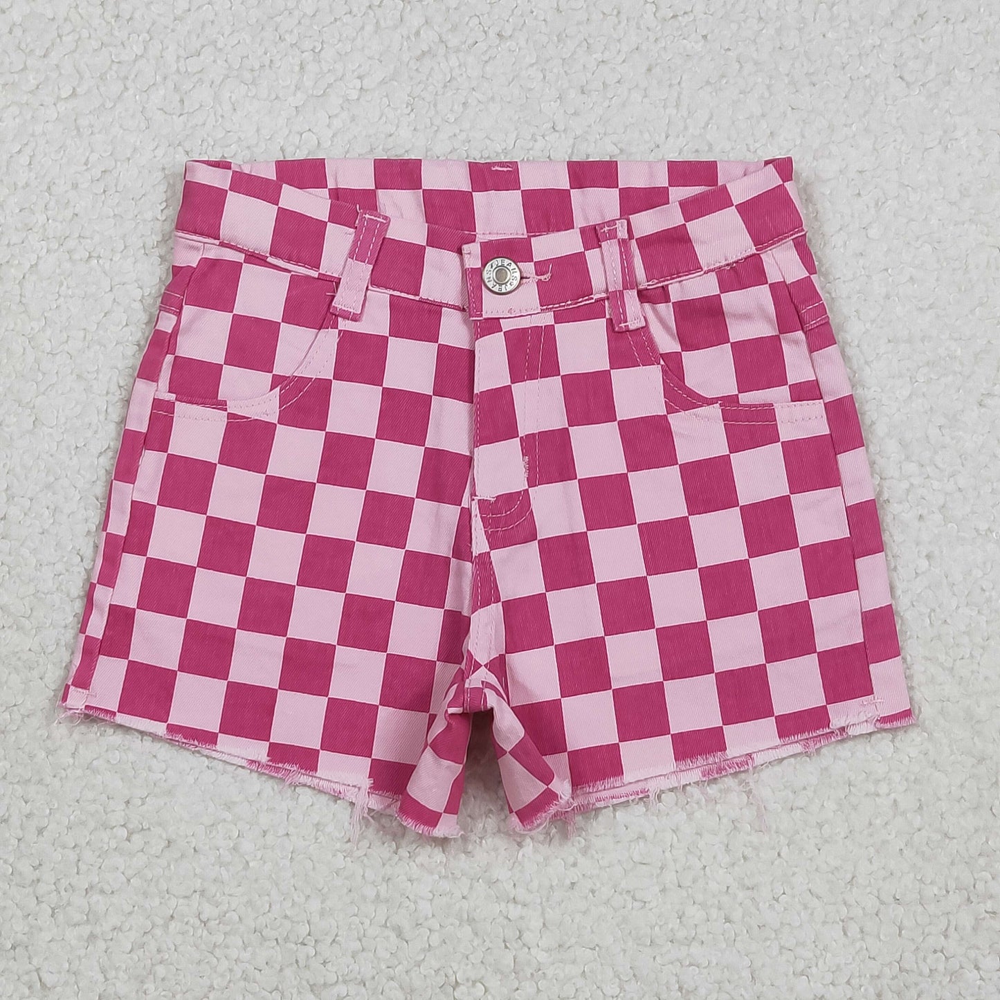 12.13 RTS NO MOQ （In stock）SS0764 Baby Girls Summer Shorts Baby Girls Pink Checked Pockets Denim Shorts Bottom