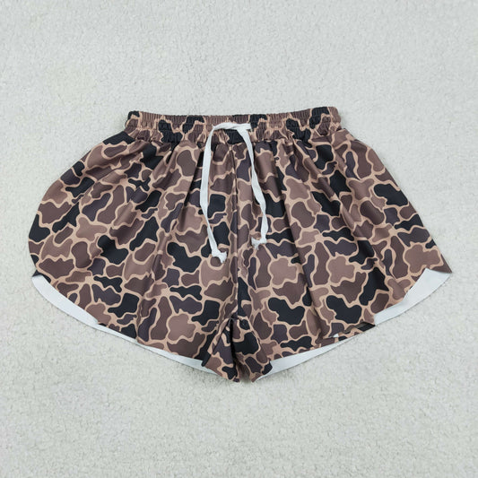 1.6 RTS NO MOQ （In stock）SS0767 Adult Women Southern Brown Camo Yoga Active Ruffle Shorts Bottom