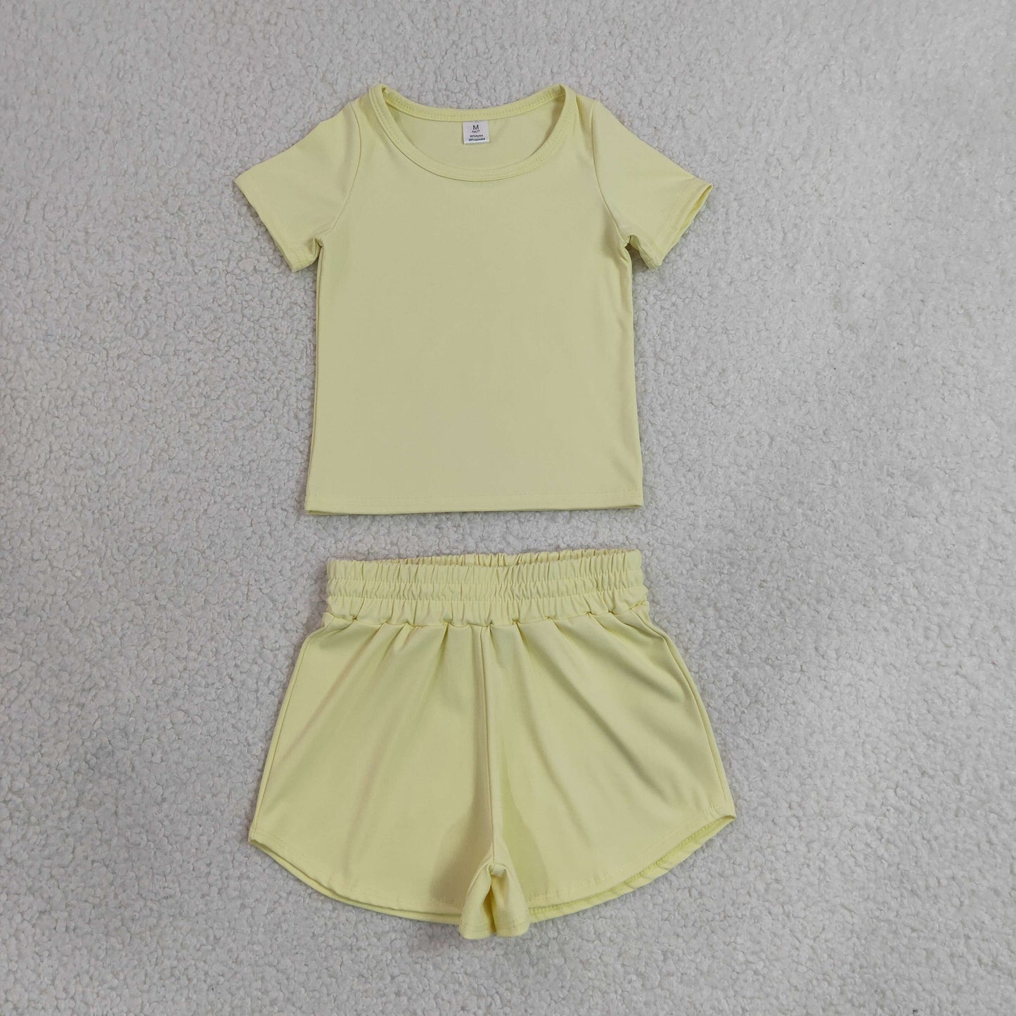 GSSO3763（GT1632+SS0899）RTS NO MOQ （In stock）Yoga Baby Girls yellow Short Sleeve Top And Sports Shorts Two Piece Yoga Active Clothes Sets